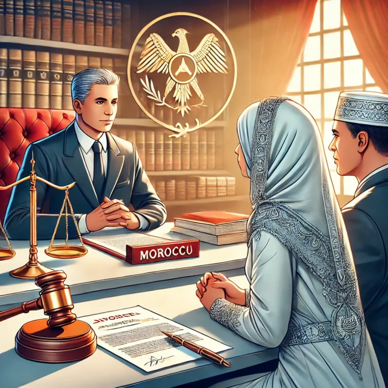 صورة توضيحية تُظهر مشهدًا قانونيًا يعبر عن قضية طلاق في المغرب، مع رموز قانونية مغربية واضحة وجو رسمي يعكس أهمية العملية القانونية.
