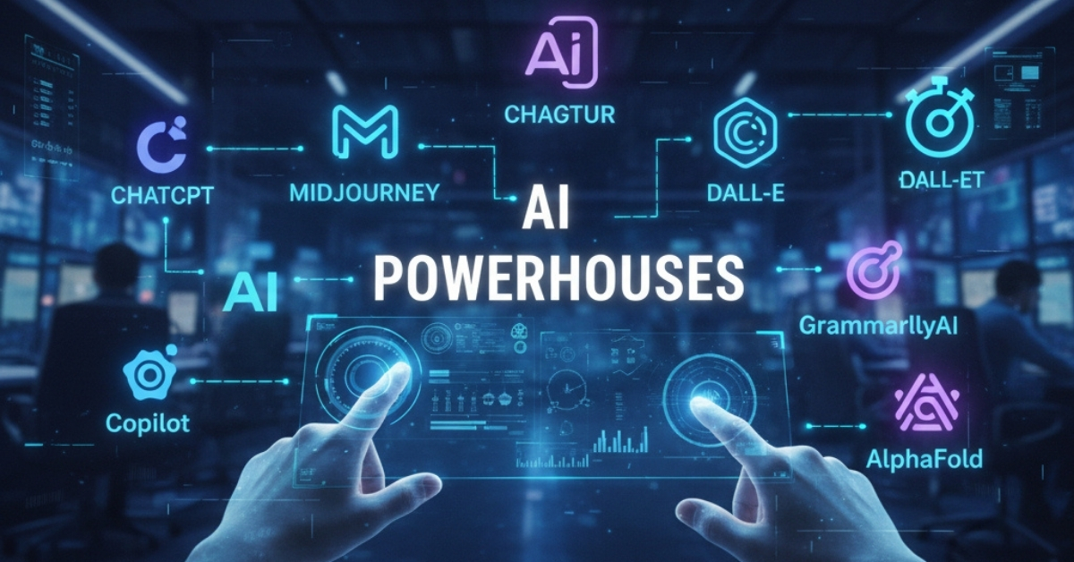 شخص يستخدم لابتوب مع واجهات ذكاء اصطناعي متطورة تظهر حوله