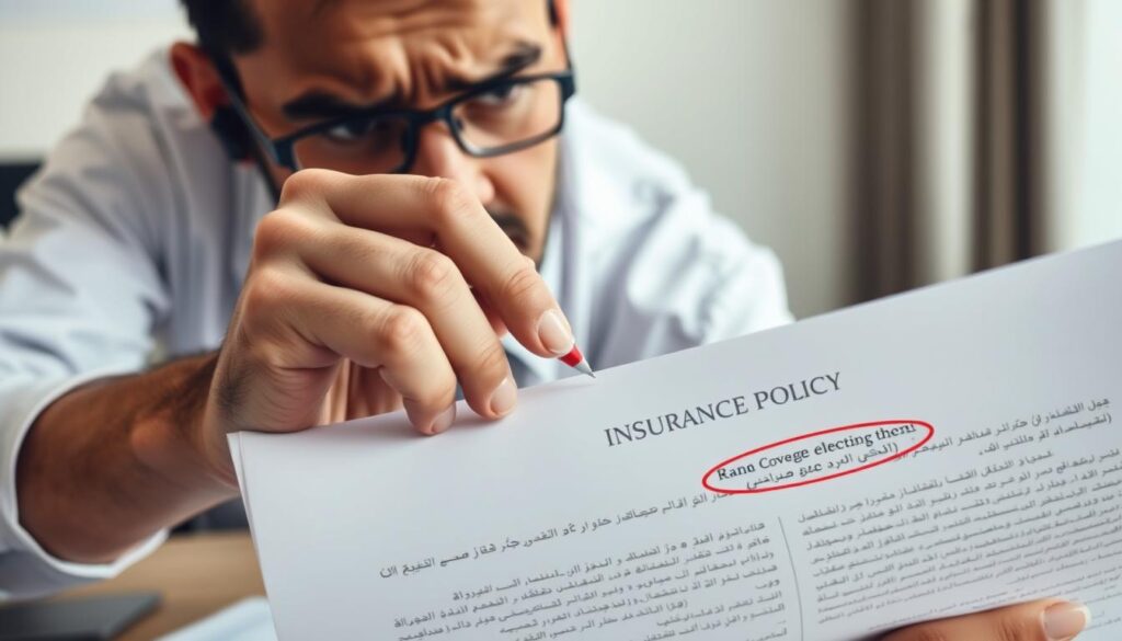 شخص يراجع وثيقة تأمين ويلاحظ أخطاء في اختيار التغطية المناسبة شخص يراجع وثيقة تأمين ويلاحظ أخطاء في اختيار التغطية المناسبة