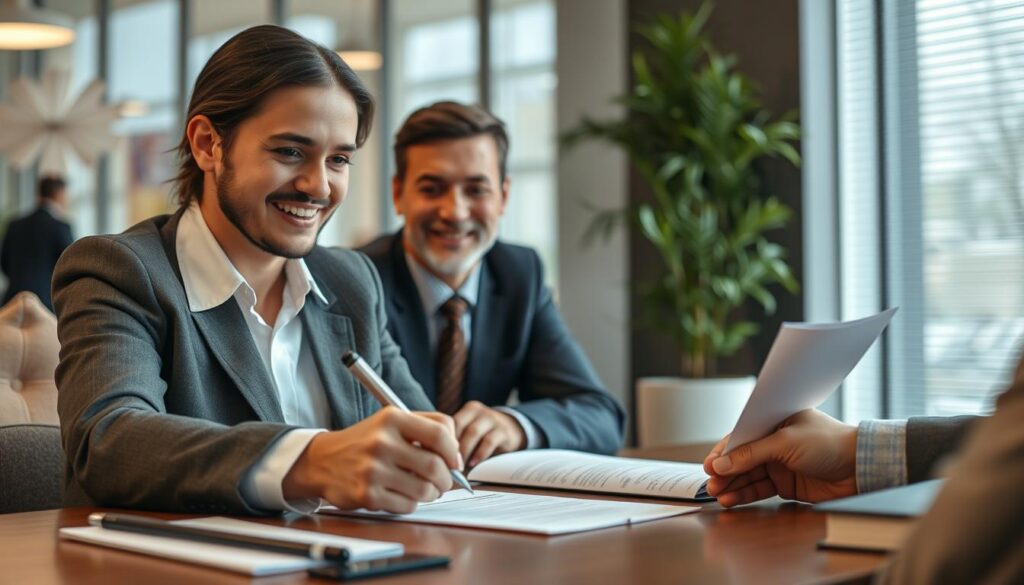 شخص يوقع على عقد تأمين بعد اختيار شركة تأمين مناسبة لعقد البيع شخص يوقع على عقد تأمين بعد اختيار شركة تأمين مناسبة لعقد البيع