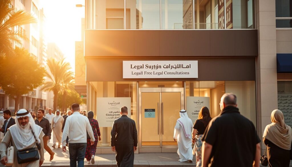 A bustling city street in Jeddah, Saudi Arabia, showcasing a prominent legal services office. The facade features large windows, a modern design, and a discreet sign indicating "Free Legal Consultations". Passersby of diverse backgrounds approach the entrance, suggesting the accessibility and inclusivity of the services provided. The scene is bathed in warm, golden sunlight, creating an inviting and trustworthy atmosphere. The overall composition conveys the idea of a community-oriented legal resource, empowering individuals and contributing to the wellbeing of the local population.