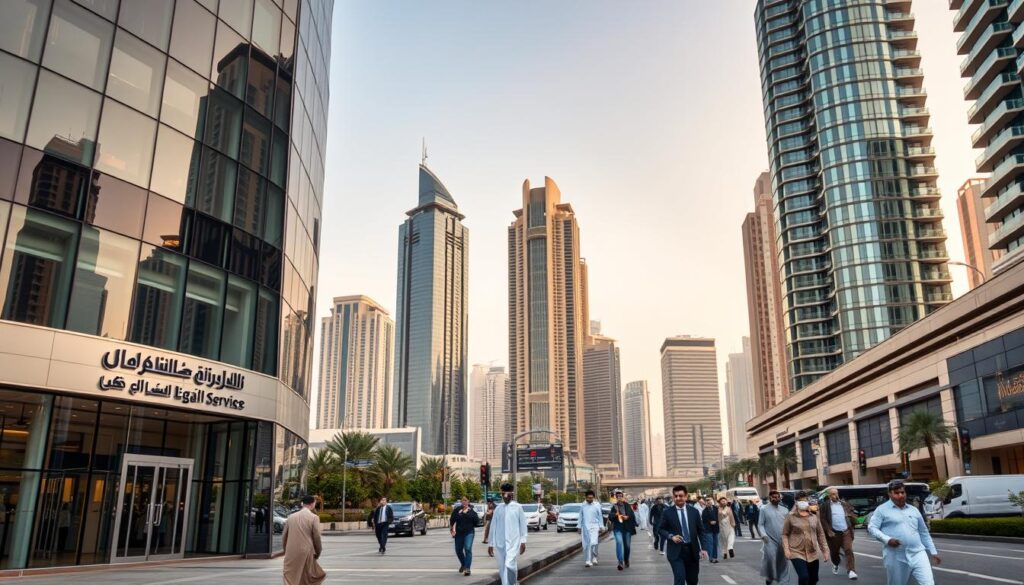 A bustling cityscape in Riyadh, Saudi Arabia, showcasing the vibrant legal landscape. In the foreground, a modern, glass-fronted law office stands prominently, its sleek architecture and professional signage reflecting the high-caliber legal services within. In the middle ground, pedestrians hurry along the sidewalks, dressed in traditional and contemporary attire, representing the diverse clientele served by the legal practitioners. The background is filled with a skyline of towering skyscrapers, their gleaming facades bathed in warm, golden light, symbolizing the economic prosperity and sophistication of the city. The overall scene conveys a sense of professionalism, efficiency, and the seamless integration of traditional and modern elements within the legal industry of Riyadh.