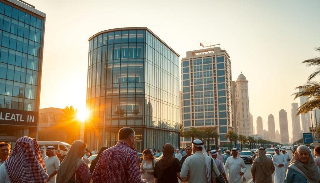 A bustling urban scene in Jeddah, Saudi Arabia. In the foreground, a group of people engaged in lively conversation, representing the local culture and community. The middle ground features a modern office building, its clean lines and glass facade suggesting a legal practice. Warm, golden sunlight filters through the windows, creating a welcoming atmosphere. In the background, the iconic skyline of Jeddah, with its blend of traditional and contemporary architecture, reflects the integration of local customs and the evolving legal system. The overall composition conveys the interplay between the cultural heritage and the modern legal landscape, hinting at the nuances that shape the legal consultations offered in this vibrant city.