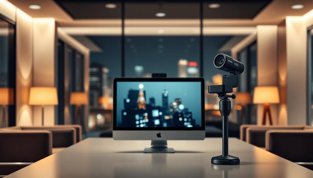 A contemporary law firm offering virtual consultations. In the foreground, a professional-looking meeting room with minimalist furniture and soft indirect lighting, creating a warm and inviting atmosphere. In the middle ground, a sleek desktop computer and a high-quality webcam setup, symbolizing the seamless digital experience. The background features a blurred cityscape, hinting at the firm's global reach and connectivity. The overall composition conveys a sense of professionalism, accessibility, and a commitment to delivering exceptional customer service and user experience in the world of remote legal consulting.