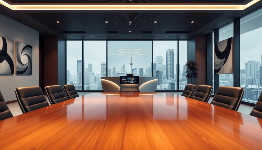 A contemporary legal office interior with sleek, minimalist design. In the foreground, a large, wooden conference table surrounded by ergonomic leather chairs. Soft, indirect lighting casts a warm glow, reflecting off the glossy, polished surfaces. In the middle ground, a curved reception desk with a modern, digital display. Behind it, floor-to-ceiling windows offer a panoramic view of a bustling city skyline. The walls are adorned with abstract artwork, complementing the overall sophisticated and professional atmosphere. The space conveys a sense of efficiency, innovation, and attention to detail, highlighting the progressive nature of this legal services establishment.