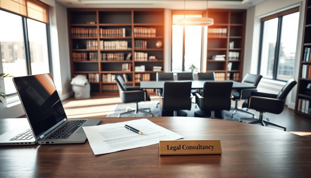 A contemporary office interior with a well-lit and professional atmosphere. In the foreground, a wooden desk with a laptop, pen, and legal documents neatly arranged. On the desk, a brass nameplate reads "Legal Consultancy". In the middle ground, bookshelves line the walls, filled with law books and folders. Sunlight streams in through large windows, casting a warm glow over the space. In the background, a sleek, modern conference table surrounded by leather chairs, creating an inviting space for client meetings. The overall tone is one of authority, expertise, and trustworthiness, reflecting the legal consultation services offered.