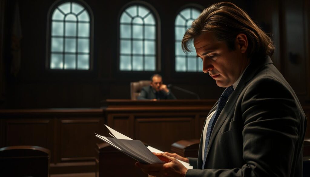 A courtroom scene depicting the progress of a legal case. In the foreground, a lawyer reviews documents, their expression focused and determined. In the middle ground, a judge sits at a wooden bench, their face obscured by shadows, conveying an air of impartiality. The background is a dimly lit courtroom, with tall, arched windows casting soft, dramatic lighting. The overall mood is one of quiet contemplation, the tension palpable as the case unfolds.