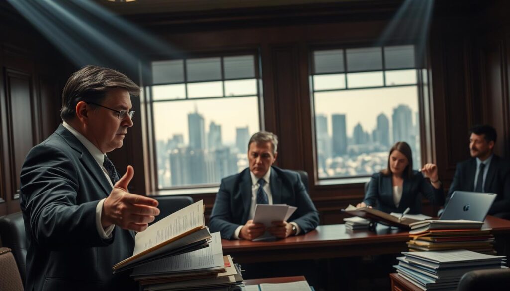 A courtroom setting with a legal defense team strategizing their arguments. In the foreground, a serious-faced lawyer gestures emphatically, surrounded by files and documents. In the middle ground, their client sits attentively, conveying a sense of determination. The background is dimly lit, with oak-paneled walls and a large window overlooking the city skyline, creating an atmosphere of gravitas and professionalism. Subtle rays of light stream in, casting dramatic shadows and highlighting the intensity of the discussion. The overall mood is one of focused, high-stakes legal maneuvering.