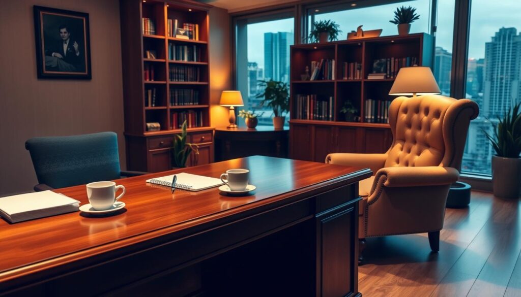 A cozy and professional law office interior with a wooden desk, plush armchair, and bookshelves lining the walls. Warm lighting casts a soft glow, creating an atmosphere of trust and expertise. On the desk, a legal pad, pen, and a cup of coffee sit ready for an upcoming consultation. The room is tastefully decorated with subtle artwork and potted plants, conveying a sense of thoughtfulness and care. Through a large window, the cityscape outside is visible, hinting at the broader context of the legal practice. The overall scene evokes a sense of preparation, anticipation, and the idea of seeking reliable legal guidance.