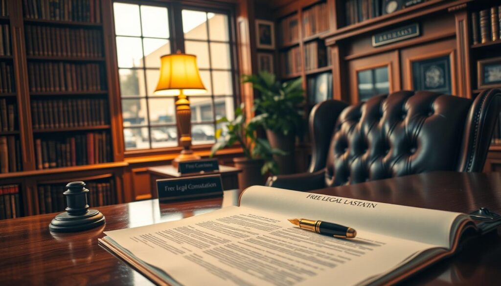 A cozy law office with floor-to-ceiling bookshelves, a large oak desk, and a plush leather armchair. Warm lighting from a vintage lamp casts a soft glow, creating an atmosphere of professionalism and trustworthiness. In the foreground, a hand-drawn legal document lays open, with a fountain pen poised to write. The middle ground features a potted plant and a nameplate reading "Free Legal Consultation". The background showcases a large window overlooking a bustling city street, hinting at the accessibility and availability of this legal service. The overall scene conveys a sense of expertise, approachability, and the promise of valuable guidance.