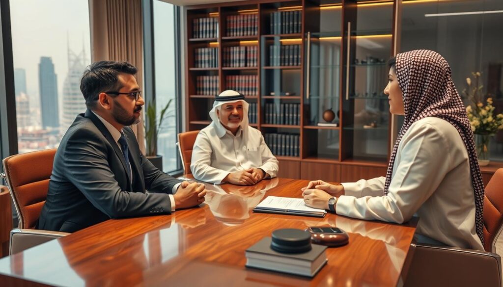 A cozy, modern law office in Riyadh, with warm lighting and sleek furniture. In the foreground, a middle-aged couple sits across a polished wooden desk, engaged in a serious discussion with a professional-looking lawyer. The lawyer's expression is one of empathy and understanding, as they navigate the complexities of a post-divorce settlement. The background features a bookshelf filled with legal volumes, and a large window overlooking the bustling city skyline. The overall atmosphere conveys a sense of trust, expertise, and the careful handling of a sensitive legal matter.