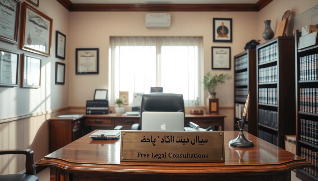 A cozy, well-lit office interior with a warm, inviting atmosphere. In the foreground, a sturdy wooden desk with a plaque that reads "Free Legal Consultations" in Arabic script. Behind the desk, a large window allows natural light to filter in, creating a soft, diffused glow. On the desk, a laptop, some papers, and a pen stand, suggesting an active workspace. The walls are adorned with framed legal certificates and awards, conveying a sense of professionalism and expertise. Bookcases line the walls, filled with legal volumes, adding to the scholarly ambiance. The overall scene exudes a sense of trust, reliability, and a commitment to providing valuable legal guidance to the clients.
