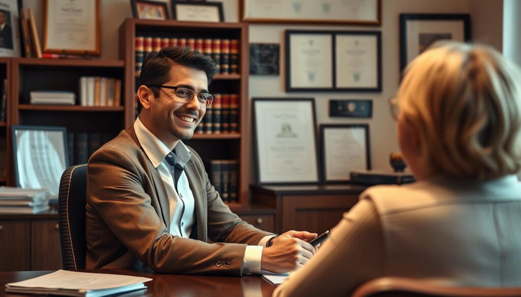A cozy, well-lit office setting with a professional-looking lawyer sitting at a desk, engaged in discussion with a client. The lawyer's expression is friendly and attentive, conveying a sense of trustworthiness and expertise. The background features a bookshelf, diplomas, and other accoutrements of a legal practice, creating an atmosphere of authority and competence. Soft, warm lighting illuminates the scene, casting a soothing glow. The composition places the lawyer and client in the foreground, with the background elements subtly framing the interaction. The overall impression is one of a welcoming, reliable legal consultation.
