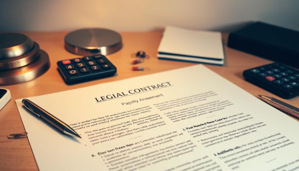 A detailed and well-organized legal contract being drafted on a professional office desk. The document is surrounded by desk accessories like a pen, paperclips, and a calculator. Warm lighting from a nearby lamp casts a soft glow, creating a serious yet approachable atmosphere. The contract pages feature crisp, legible text outlining the key terms of a business partnership agreement between three parties. The background is clean and uncluttered, allowing the contract to be the focal point. The overall scene conveys the importance and care taken in establishing a formal legal partnership.