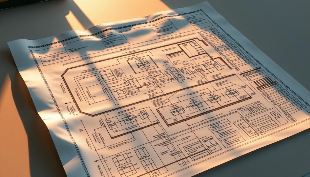 A detailed architectural blueprint unfurled on a drafting table, casting long shadows in warm, focused lighting. The blueprint outlines a comprehensive legal strategy, with intricate diagrams and annotations meticulously detailing each step. The background is a muted, professional palette, allowing the blueprint to take center stage and convey a sense of thoughtful planning and structured approach to legal matters. The overall atmosphere is one of careful consideration, precision, and a commitment to a well-crafted legal plan.