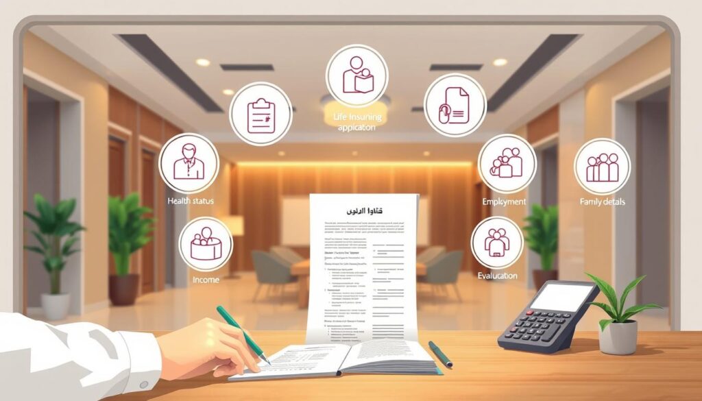 A detailed architectural illustration depicting the key factors influencing life insurance approval in Saudi Arabia. The foreground highlights a person completing a life insurance application form, surrounded by floating information icons representing health status, income, employment, and family details. The middle ground features a life insurance policy document and a calculator, symbolizing the evaluation process. The background showcases a modern office interior with warm lighting and minimalist decor, conveying a sense of professionalism and trust. The overall composition suggests a cohesive system of assessment criteria used to determine life insurance eligibility.