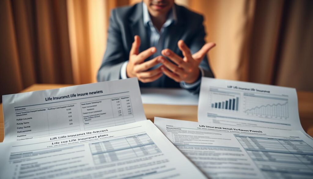 A detailed comparison of life insurance plans against a soft, blurred background. In the foreground, various life insurance policy documents are arranged neatly, with graphs and charts displaying key details like coverage amounts, premiums, and policy terms. The middle ground features a financial advisor gesturing towards the documents, engaged in a thoughtful discussion. Warm, diffused lighting creates a professional, trustworthy atmosphere, guiding the viewer's focus towards the important information. The composition emphasizes the importance of carefully evaluating life insurance options to make an informed decision.