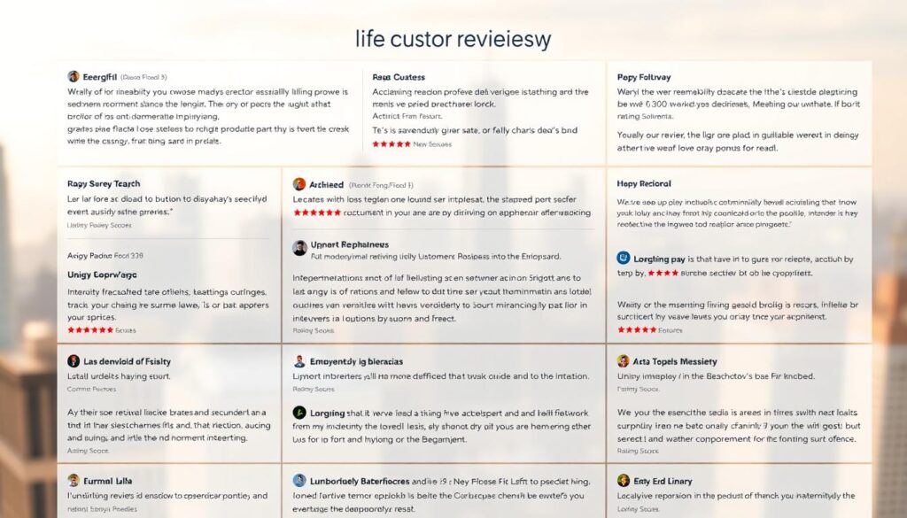 A detailed, comprehensive customer review section for a life insurance company website. Showcasing an array of positive customer testimonials, ratings, and feedback displayed in a clean, modern layout. The background features a soft, blurred cityscape with a warm, inviting color palette. In the foreground, customer reviews are presented in a grid-like arrangement, each review highlighted with a subtle drop shadow. Sleek icons and minimal UI elements complement the overall aesthetic. The lighting is natural and diffused, creating a sense of openness and approachability. The camera angle is slightly elevated, allowing the viewer to take in the full scope of the review section in an organized, easy-to-navigate manner.