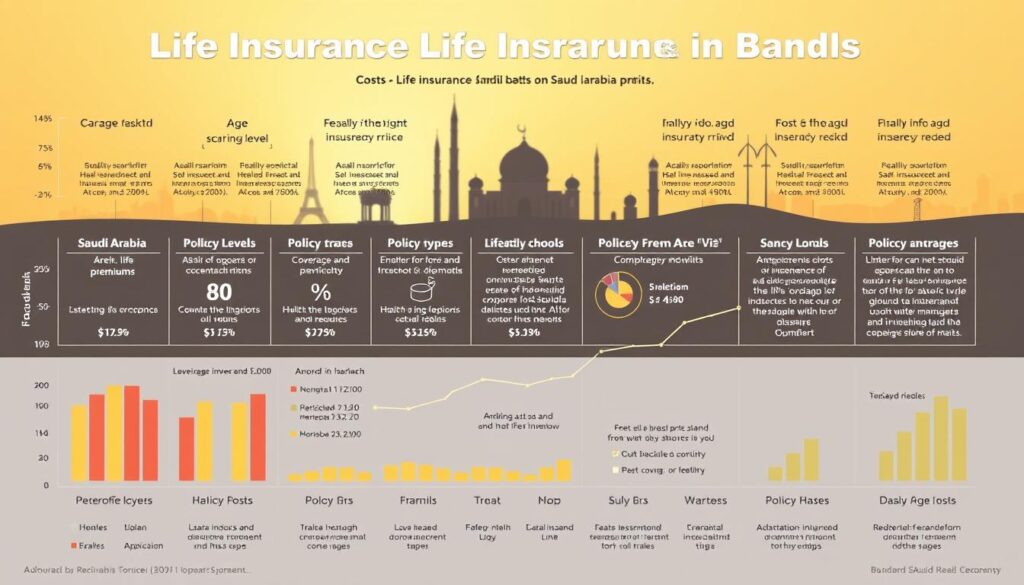 A detailed financial graph depicting the costs of life insurance in Saudi Arabia. The foreground shows various cost elements like premiums, coverage levels, and policy types, represented through clear data visualizations. The middle ground showcases the contextual factors influencing these costs, such as age, health status, and lifestyle choices. The background depicts the Saudi Arabian financial landscape, with subtle skyline silhouettes and familiar architectural motifs. The lighting is warm and inviting, creating a sense of reliability and trustworthiness around the subject matter. The overall mood is informative yet visually compelling, guiding the viewer through the complexities of life insurance pricing in the Kingdom.