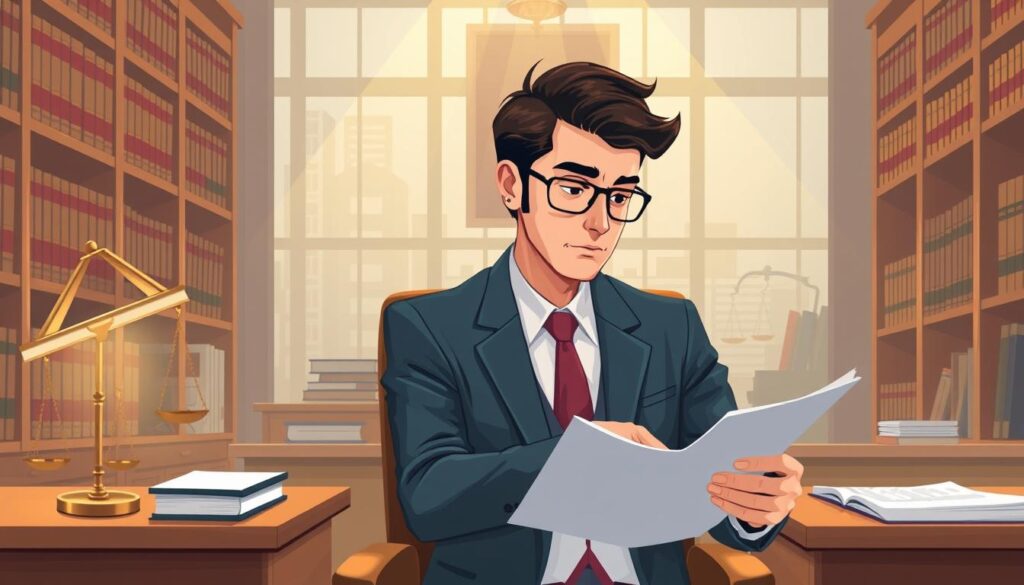 A detailed illustration of administrative lawyers, depicting a law office setting with wooden desks, shelves of legal tomes, and a thoughtful lawyer in a suit reviewing documents under soft, warm lighting. The scene conveys the serious, professional nature of legal representation, with a focus on the potential costs and considerations for hiring an administrative law specialist in Saudi Arabia.