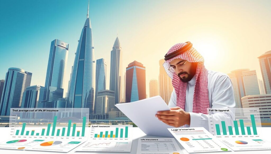 A detailed illustration of the average cost of life insurance in Saudi Arabia. The scene depicts a modern financial district with towering skyscrapers, reflecting the prosperous economy. In the foreground, a person is reviewing life insurance documents, surrounded by charts and infographics that clearly convey the range of premiums and coverage options available. The lighting is bright and crisp, creating a professional, authoritative atmosphere. The overall composition emphasizes clarity, transparency, and the reliable, trustworthy nature of the life insurance industry in the Kingdom.