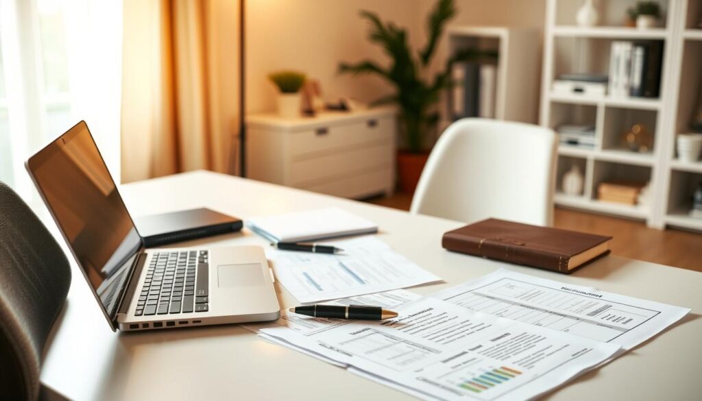 A detailed life insurance needs assessment on a modern, clean desk in a well-lit home office. On the desk, a laptop, a pen, a notebook, and various insurance-related documents are neatly arranged. The lighting is warm and natural, creating a calming atmosphere. The overall scene conveys a sense of thoughtfulness and careful decision-making around the important task of selecting the right life insurance policy.