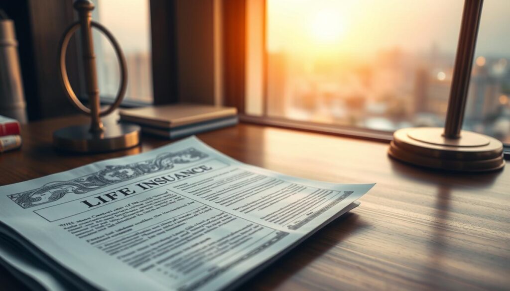 A detailed life insurance policy document resting on a wooden desk, illuminated by a warm, soft light from a nearby lamp. The policy pages feature intricate patterns and text, conveying the seriousness and importance of the subject. In the background, a blurred cityscape of Riyadh can be seen through a window, suggesting the policy's relevance to expatriate life in Saudi Arabia. The overall mood is one of professionalism, security, and attention to detail, reflecting the gravity of the "life insurance for expatriates" topic.