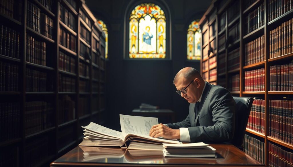 A dimly lit law library, shelves of leather-bound tomes lining the walls. In the center, a lawyer sits at a wooden desk, brow furrowed in concentration as they pore over legal documents. Soft light filters in through stained glass windows, casting a warm glow on the scene. The atmosphere is one of quiet contemplation, the pursuit of knowledge and the refinement of legal expertise. The lawyer's face is resolute, their posture upright, conveying a sense of dedication to their craft. This is the essence of "Improving Legal Knowledge" - a scene of a professional deepening their understanding of the law through diligent study and research.