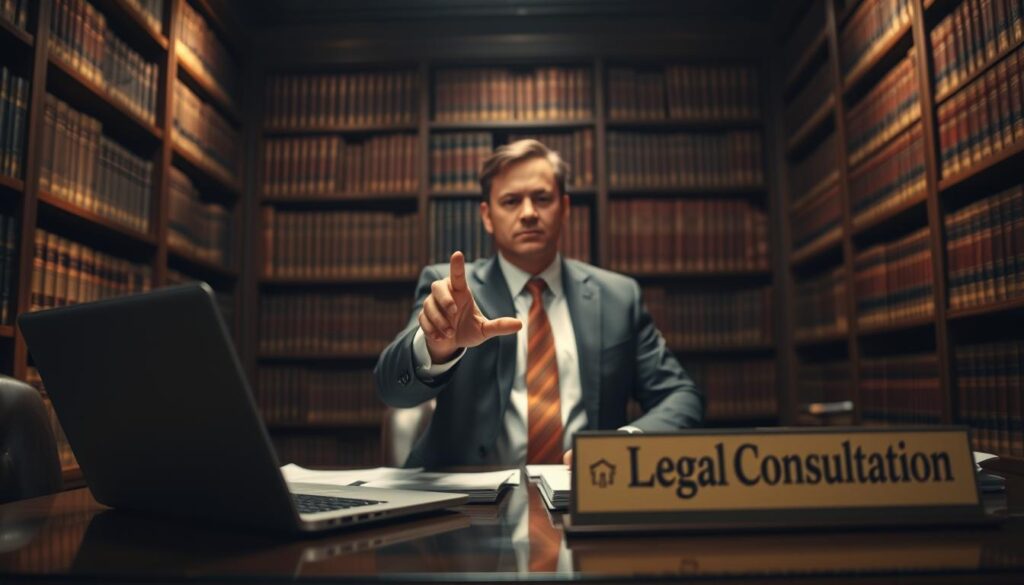 A dimly lit law office interior, with a desk in the foreground featuring a laptop, legal documents, and a nameplate reading "Legal Consultation". In the middle ground, a well-dressed attorney gestures towards the camera, conveying a sense of professionalism and expertise. The background is filled with towering bookshelves, casting a warm glow and creating an atmosphere of scholarly contemplation. Soft directional lighting illuminates the scene, highlighting the attorney's face and the important documents on the desk. The overall mood is one of trust, authority, and the promise of sound legal guidance.