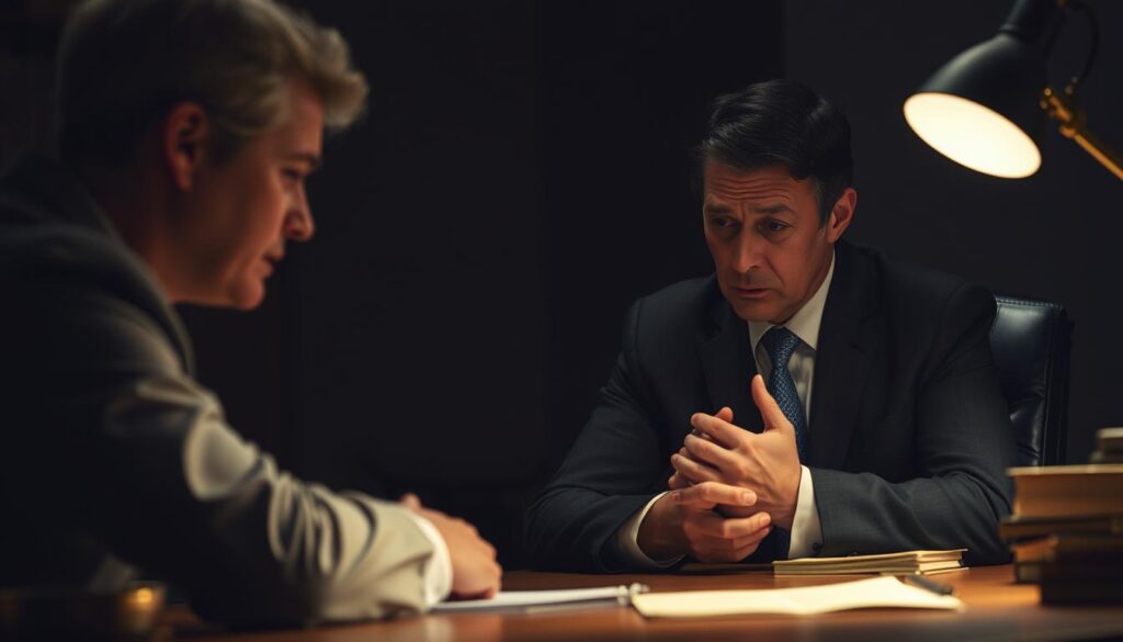 A dimly lit law office, the desk illuminated by a warm desk lamp. A pensive lawyer, brow furrowed, listens intently as a distraught client, head in hands, describes the emotional turmoil of their separation. The client's face is obscured, conveying a sense of vulnerability and the need for guidance. Soft, muted tones create an atmosphere of empathy and professionalism, as the lawyer's expression reflects a sincere desire to provide the support and legal counsel the client desperately seeks during this difficult transition.
