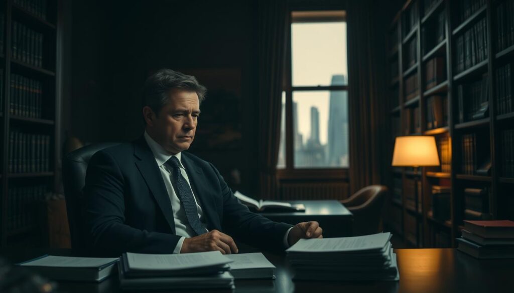 A dimly lit legal office, the atmosphere serious and professional. In the foreground, a lawyer in a sharp suit sits at a desk, deep in contemplation. On the desk, a stack of confidential documents, their contents obscured. The walls are lined with bookshelves, casting a warm, scholarly glow. Through a window in the background, the city skyline can be seen, a reminder of the importance of the work being done. The lighting is soft and muted, creating a sense of privacy and discretion. The overall mood conveys the gravity and confidentiality of the legal consultation process.