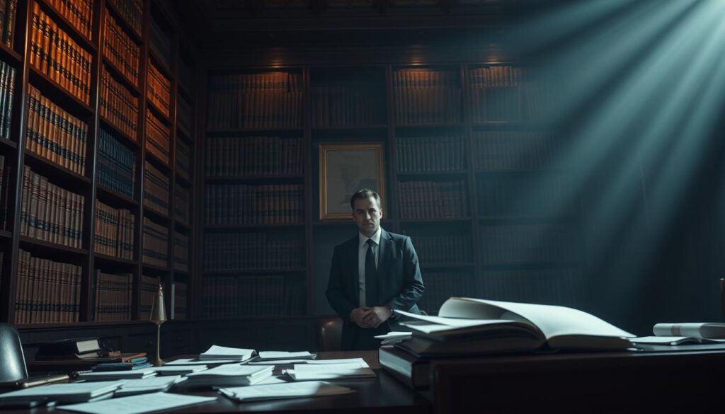 A dimly lit legal office, the walls adorned with towering bookshelves filled with tomes of jurisprudence. In the foreground, a desk stands resolute, papers and documents scattered across its surface, conveying the complexities of legal challenges. A lone lawyer, brow furrowed in deep contemplation, ponders the intricacies of the case before them. The atmosphere is one of tension and uncertainty, with shadows casting an ominous glow over the scene. The lighting is moody, with a warm amber hue illuminating the space, creating a sense of gravitas and the weight of legal decision-making. The overall composition evokes the formidable and multifaceted nature of the legal challenges faced in the pursuit of reliable legal counsel.