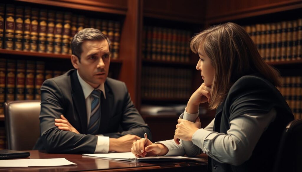 A dimly lit legal office, with a wooden desk and shelves of law books in the background. In the foreground, a lawyer and a client sit across from each other, engaged in a serious discussion. The lawyer's face is thoughtful, while the client's expression conveys a mix of concern and uncertainty. Soft, warm lighting illuminates the scene, creating a sense of gravity and importance. The composition emphasizes the weight of the legal considerations at hand, capturing the complex emotional and practical implications of the post-divorce landscape.