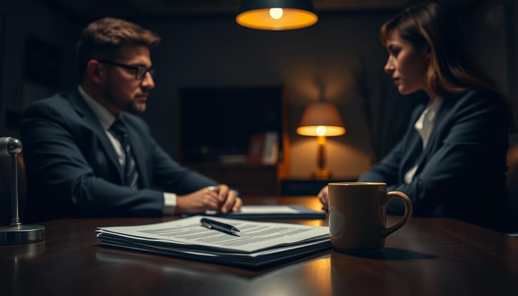 A dimly lit office interior, the warm glow of a desk lamp illuminating a stack of legal documents. A pen rests on the papers, next to a cup of coffee, signifying an important contract negotiation. In the foreground, two businesspeople, one man and one woman, sit facing each other, their expressions serious as they discuss the terms of a partnership agreement. The background is blurred, creating a sense of focus on the main subject. The lighting is cinematic, with dramatic shadows and highlights, conveying the gravity of the situation. The overall atmosphere is one of thoughtful deliberation and high-stakes decision making.