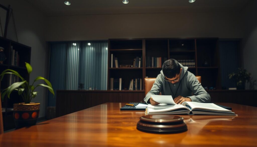 A dimly lit office interior with a wooden desk, a bookshelf in the background, and a potted plant on the desk. A person seated at the desk, engrossed in paperwork and documents, representing a legal consultation in Saudi Arabia. The lighting is warm and inviting, creating a sense of professionalism and expertise. The angle is slightly elevated, giving the viewer a sense of the space and the importance of the legal work being conducted. The overall atmosphere conveys the reliable and authoritative nature of legal services in the Kingdom.