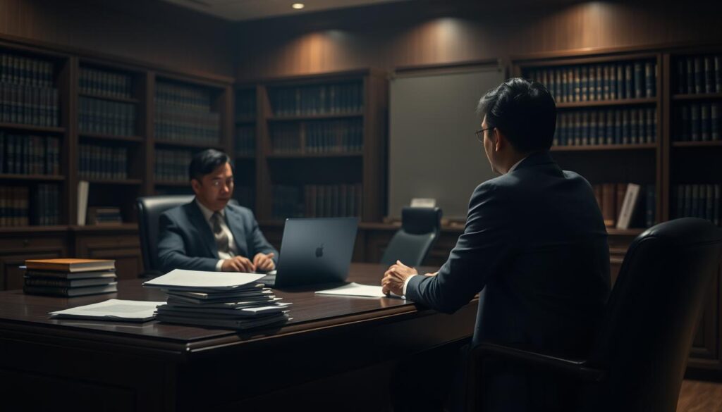 A dimly lit office with a wooden desk, a laptop, and a stack of papers. In the foreground, a person in a suit is sitting at the desk, deep in conversation with another person seated across from them. The walls are lined with bookshelves, hinting at the legal expertise within. The lighting is warm and muted, creating a sense of professionalism and trust. The scene depicts a private legal consultation, with the two individuals engaged in a serious discussion, the background suggesting the depth of knowledge and experience available to the client.