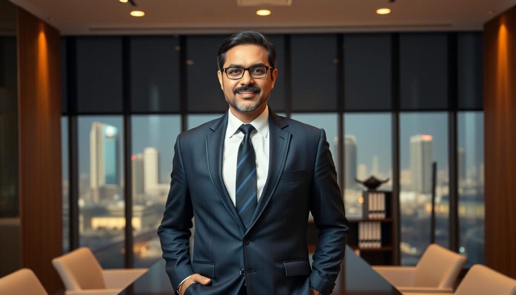 A distinguished corporate lawyer standing proudly in a modern, well-appointed office, dressed in a sharp, tailored suit. The lighting is warm and professional, with a sleek desk and bookshelf in the middle ground. In the background, a large window offers a scenic view of the Riyadh skyline, conveying a sense of prestige and successful practice. The lawyer's demeanor is confident and authoritative, projecting an image of trustworthiness and expertise that clients would find reassuring.