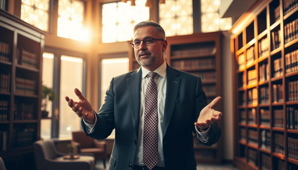 A distinguished legal professional standing confidently in a well-appointed office in Jeddah. The scene is bathed in warm, golden light from large windows, casting a professorial glow. The lawyer, dressed in a meticulously tailored suit, gestures expressively while engaged in deep discussion. Bookshelves line the walls, hinting at a wealth of legal expertise. The overall impression conveys authority, expertise, and a commitment to providing top-tier legal counsel to clients in the vibrant city of Jeddah.