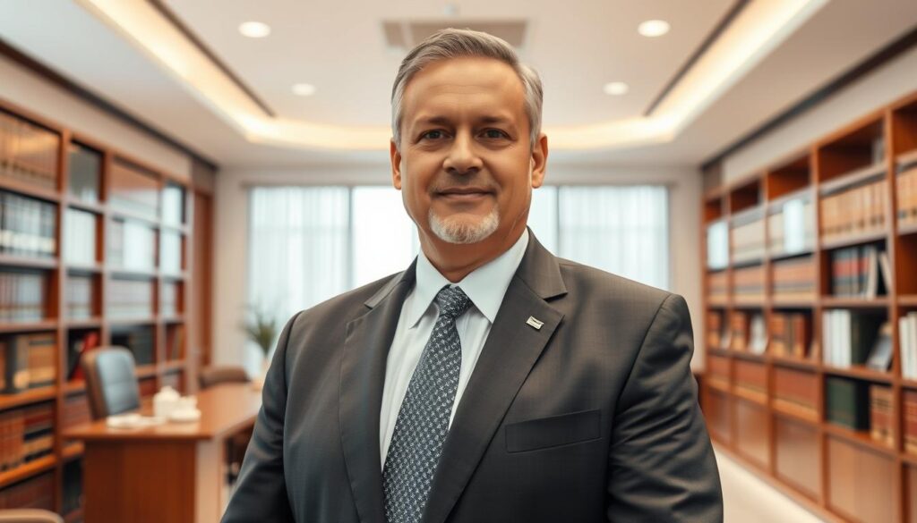 A distinguished-looking middle-aged man in a crisp suit and tie, standing confidently in a modern law office in Tabuk, Saudi Arabia. The office is filled with an abundance of natural light, creating a warm and professional atmosphere. The lawyer's face exudes an air of authority and expertise, reflecting his deep knowledge and commitment to serving his clients. In the background, floor-to-ceiling bookshelves line the walls, suggesting a wealth of legal resources at his disposal. The overall scene conveys a sense of competence, reliability, and a dedication to providing high-quality legal services to the people of Tabuk.