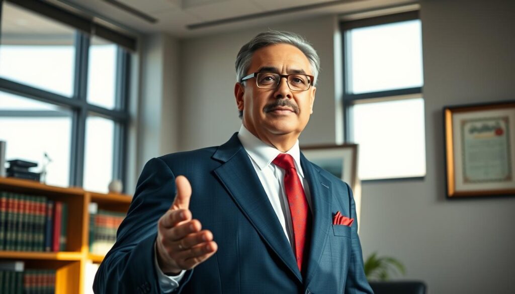 A distinguished middle-aged man in a crisp, navy-blue suit and red tie, standing confidently in a modern, well-lit law office. Sunlight streams through floor-to-ceiling windows, casting a warm glow on his face as he gestures authoritatively, ready to provide legal counsel. The background features a bookshelf filled with law journals and a framed certificate on the wall, conveying his expertise and professionalism. This image captures the essence of a reliable, knowledgeable legal representative, poised to guide someone through the complexities of the Saudi Arabian legal system.
