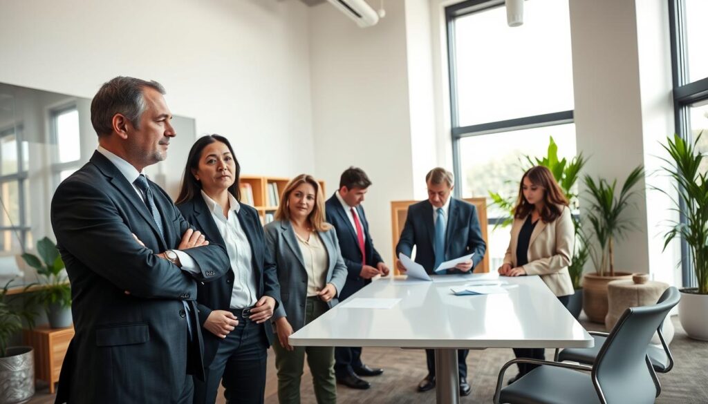 A diverse group of lawyers standing in a modern, well-lit office, their expressions serious yet approachable. In the foreground, three individuals in professional attire - a man in a suit, a woman in a blazer, and another person in a more casual outfit - engaged in a discussion, their body language suggesting attentive collaboration. In the middle ground, two more lawyers, one male and one female, review documents at a sleek conference table, the room's high ceilings and large windows creating a sense of space and professionalism. In the background, a bookshelf and potted plants add warmth and a touch of personality to the scene, conveying a welcoming and knowledgeable atmosphere.