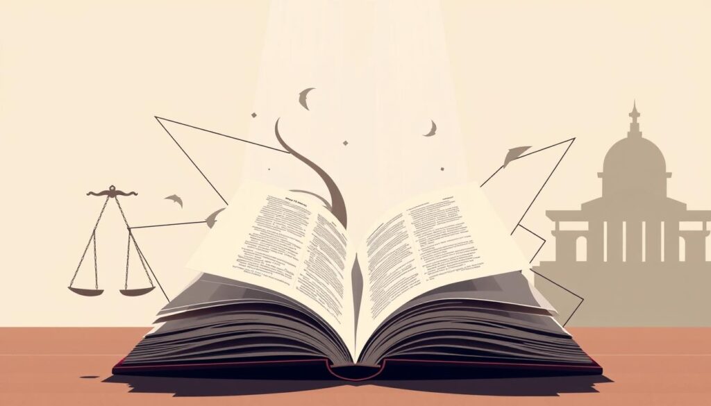 A dynamic and authoritative legal illustration depicting the administrative law concept of "قانون الإداري." Set in a modern, minimalist style, the image features a central focal point of an open law book, its pages fluttering, surrounded by geometric shapes and lines symbolizing the structure and framework of administrative regulations. Subtle lighting casts dramatic shadows, conveying the gravity and importance of this legal domain. In the background, a stylized silhouette of a courthouse or government building implies the institutional context. The overall composition strikes a balance between sophistication and accessibility, suitable for illustrating the specialized yet essential nature of administrative law.