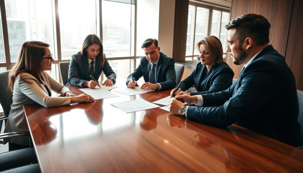 A formal business contract review meeting held in a modern office setting. The participants sit around a polished wooden conference table, carefully examining the contract documents in front of them. Natural lighting streams in through large windows, casting a warm glow on the scene. The attendees wear professional attire, their expressions focused as they discuss the terms and conditions. The atmosphere is one of serious deliberation, with a sense of careful consideration of the partnership agreement's details and implications.