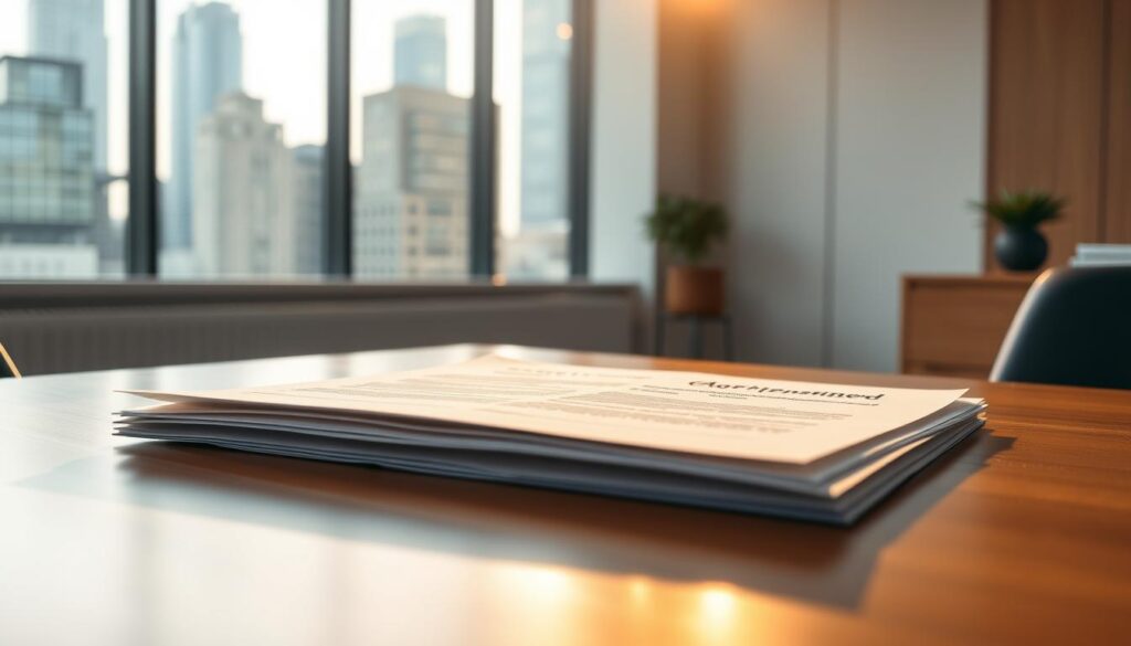 A formal commercial partnership agreement in an elegant business setup. The document lies on a polished wooden desk, bathed in soft, warm lighting that casts subtle shadows. In the background, a minimalist office space with clean lines, muted colors, and a large window overlooking a bustling cityscape. The atmosphere conveys a sense of professionalism, collaboration, and the gravity of the financial decision being made. The overall composition emphasizes the importance of this legal contract as a key element in a successful business partnership.
