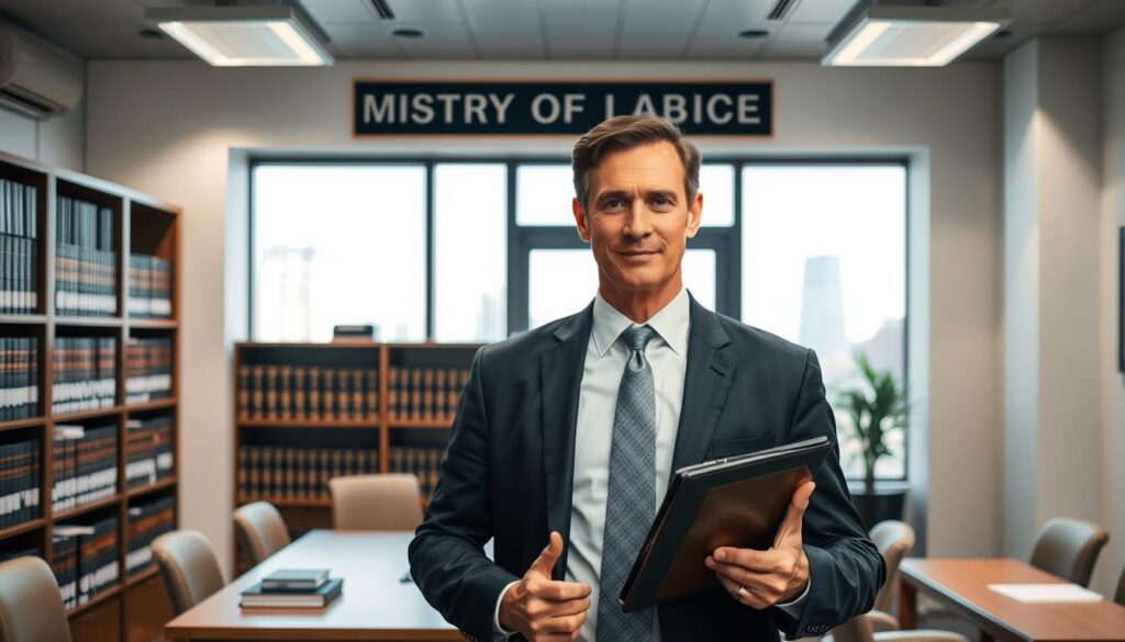 A formal, professional-looking office interior with a large desk, shelves filled with legal books, and a wall-mounted sign reading "Ministry of Labor Office". In the foreground, a well-dressed lawyer is standing, holding a portfolio and gesturing toward the viewer. Bright, directional lighting illuminates the scene, creating a sense of authority and seriousness. The background features a window overlooking a cityscape, emphasizing the gravitas of the legal profession. The overall mood is one of expertise, credibility, and a commitment to upholding labor laws and regulations.