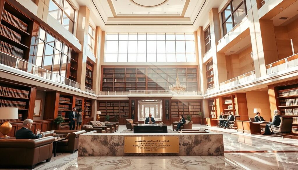 A grand, elegant law office in Riyadh, Saudi Arabia. Sunlight streams through floor-to-ceiling windows, illuminating a spacious lobby with plush leather couches and polished marble floors. Towering bookshelves line the walls, housing volumes of legal tomes. Smartly dressed lawyers consult with clients in tasteful meeting rooms, discussing strategies to protect their rights and interests. The atmosphere exudes professionalism, expertise, and a commitment to justice. A polished brass plaque at the entrance identifies this as one of the premier legal practices in the kingdom, serving as a beacon of legal excellence and advocacy.