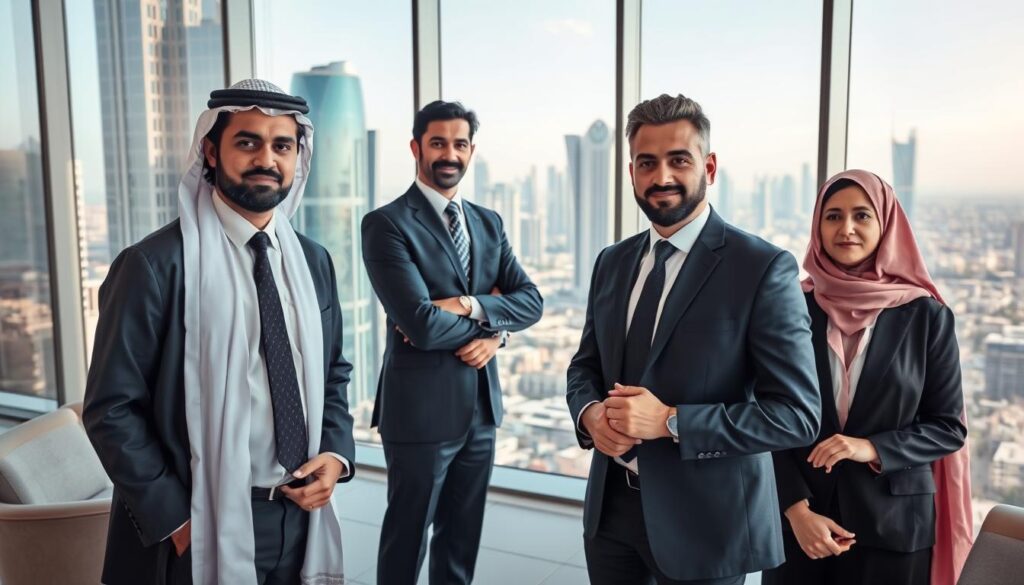 A group of professional lawyers in business attire, standing confidently in a modern office setting in Riyadh, Saudi Arabia. The foreground features three lawyers engaged in a serious discussion, their expressions conveying the gravity of legal matters. The middle ground showcases a well-appointed conference room with floor-to-ceiling windows overlooking the cityscape of Riyadh. The background depicts the bustling financial district, with towering skyscrapers and a clear, azure sky. The lighting is soft and natural, creating a professional and authoritative atmosphere. The camera angle is slightly elevated, giving a sense of the lawyers' expertise and influence in the legal landscape of the region.