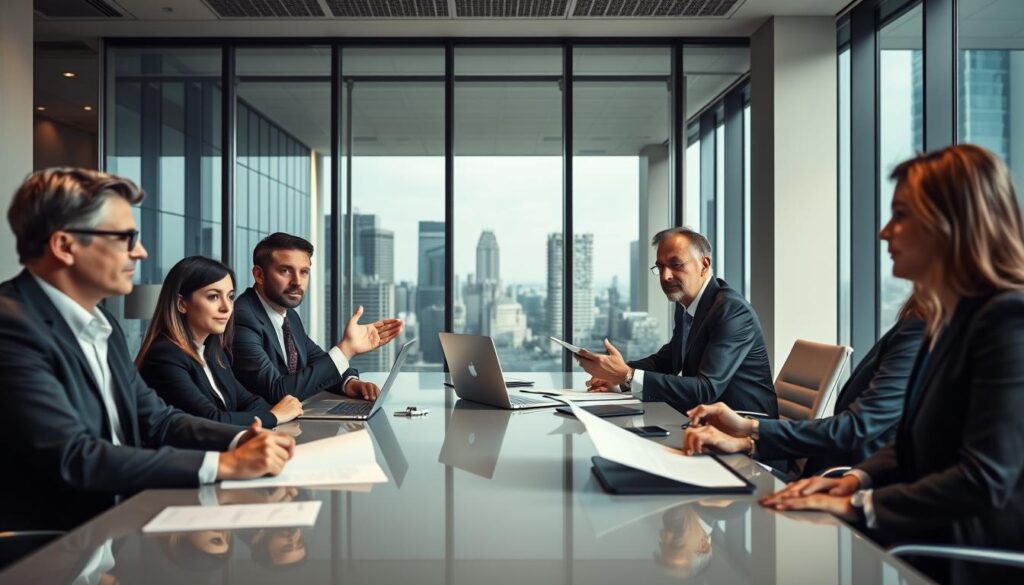A group of professional lawyers sitting in a modern, well-lit office. They are dressed in formal business attire, engaged in discussion over legal documents. The foreground features a middle-aged male lawyer gesturing as he speaks, while his colleagues listen attentively. The middle ground showcases a large conference table with laptops and stationery, reflecting the collaborative nature of their work. In the background, floor-to-ceiling windows offer a cityscape view, conveying a sense of authority and expertise. The overall atmosphere is one of focused deliberation, with subtle lighting and clean, minimalist decor emphasizing the seriousness of their legal practice.