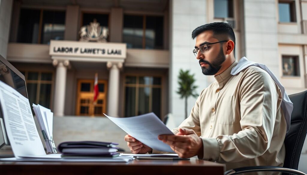 A high-resolution image depicting the legal procedures related to labor disputes in Saudi Arabia. The foreground shows a worker carefully reviewing official government documents, with a desk, computer, and legal files in the middle ground. The background features the imposing facade of a government building, conveying a sense of formality and authority. The lighting is soft and diffused, creating a professional and serious atmosphere. The overall composition conveys the complex and nuanced process of navigating labor-related legal matters with the assistance of a specialized lawyer.
