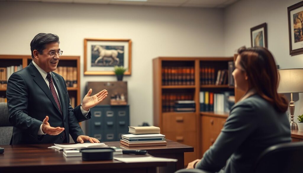 A law office interior with a friendly, professional atmosphere. The foreground features a middle-aged attorney in a suit, standing at a desk and gesturing warmly while speaking to a client seated across from them. The client appears to be a young adult, dressed casually. Soft, indirect lighting casts a soothing glow, and the background showcases bookshelves, filing cabinets, and tasteful artwork, conveying the sense of a reliable, trustworthy legal practice. The overall mood is one of approachability, expertise, and a genuine desire to provide helpful counsel.